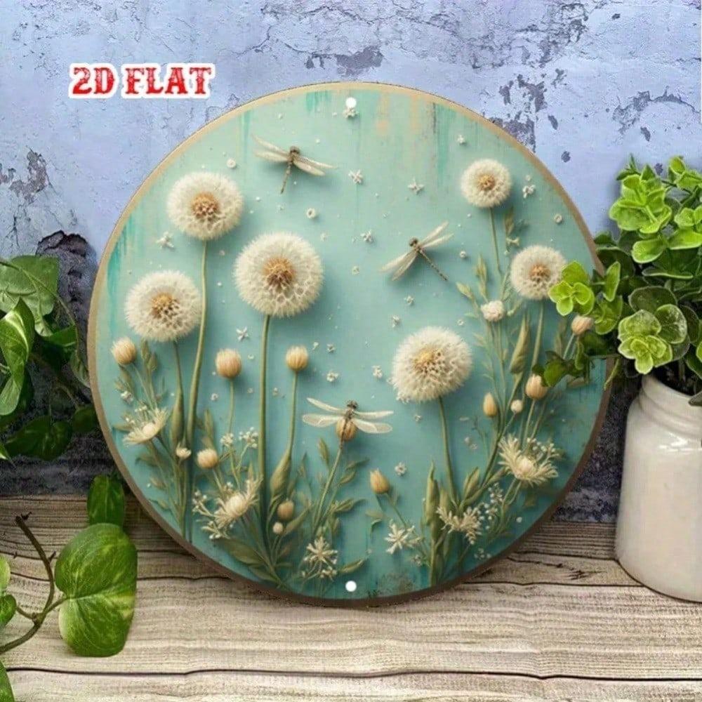 Vintage Dragonfly Wildflower Round Metal Wall Art, Rustic Aluminum Sign for Home Decor