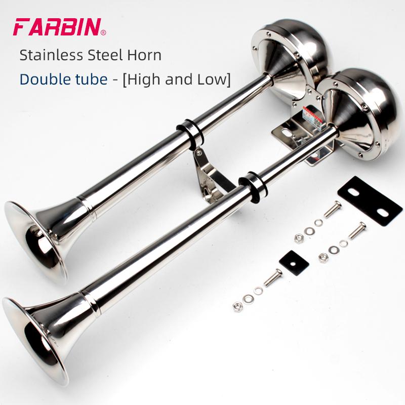 FARBIN 12V/24V Marine Boat Stainless Steel Dual Trumpet Electric Horn with Mounting Bracket for Ship Sailboat Yacht Car Trucks 12V