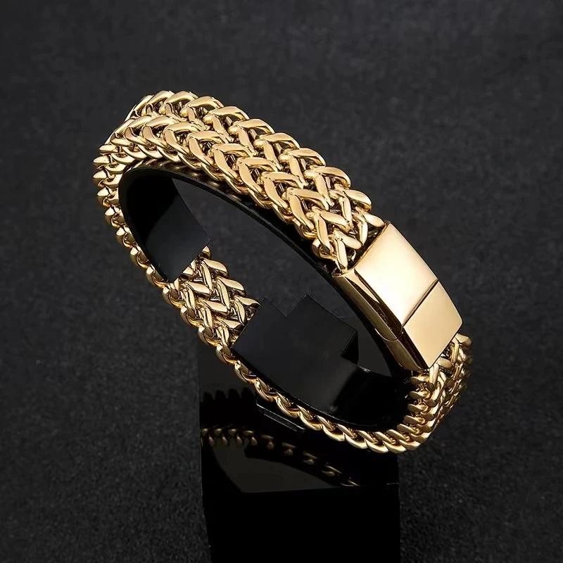 Fashionable Double Row Stainless Steel Chain Magnetic Clasp Bracelet for Men Motorcycle Riding Rock Party Jewelry Gift