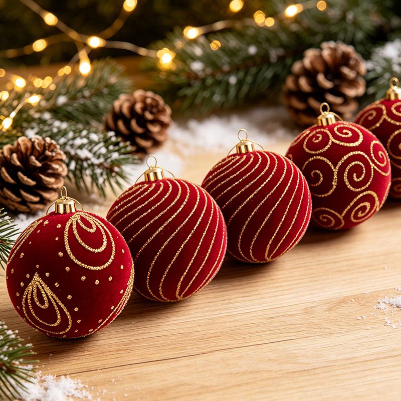 8cm bordeauxrote beflockte Weihnachtskugeln mit goldenem Glitzer-Muster, 24 Stück Geschenkbox-Set, 3 Muster Weihnachtsbaumschmuck