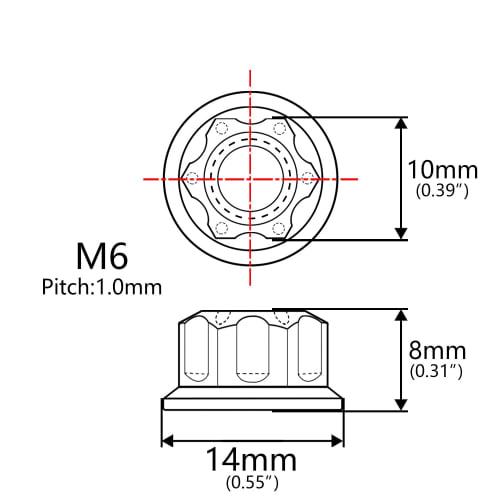 Ruifu Titanium Alloy Nuts, M6, M8, M10, M12, M14, M16, Colorful Rear and Front Shock Absorber Wheel Axle Nuts for Yamaha Scooters, Pack of 6 (M6, Gold