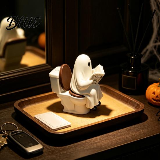 Ghost Reading On Toilet Cute Halloween Figurine Resin Statue Unique Ornament Funny for Tiered Tray Tabletop Mantel Decor Gift