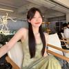 New Chinese style smudged national style suspender dress women's summer green waist beach gauze skirt seaside vacation style long dress