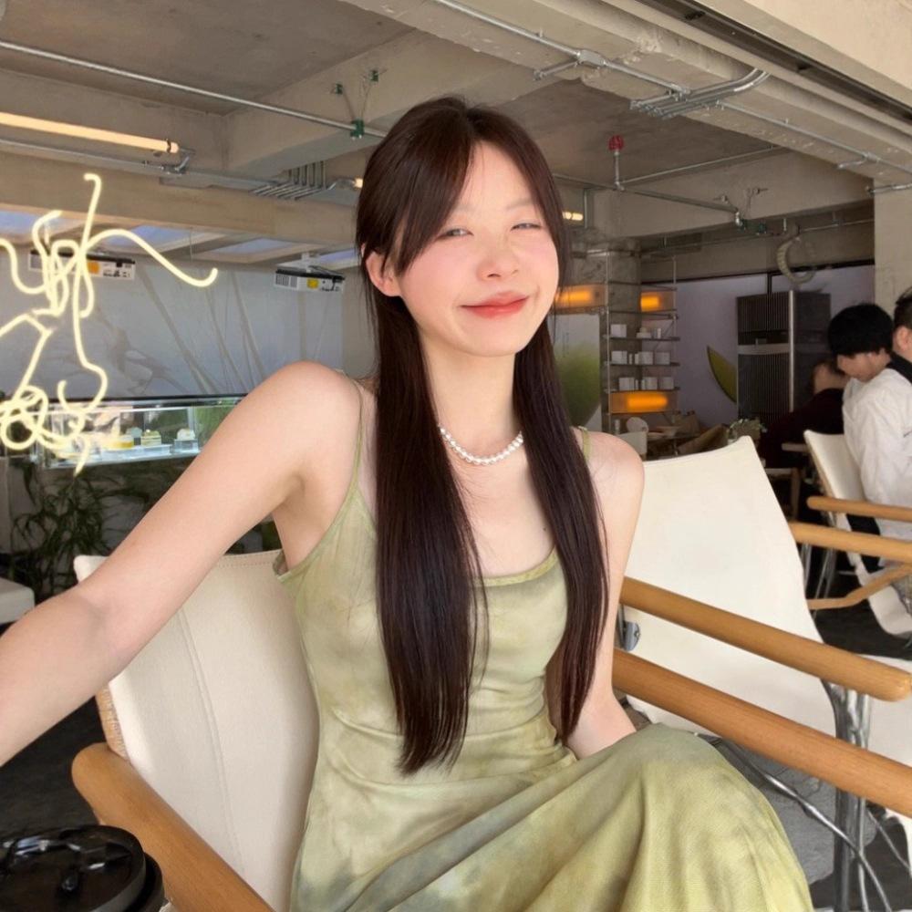 New Chinese style smudged national style suspender dress women's summer green waist beach gauze skirt seaside vacation style long dress