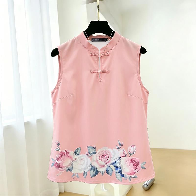 ZANZEA Women Casual Stand Collar Floral Print Loose Sleeve Vest Tops S розовый