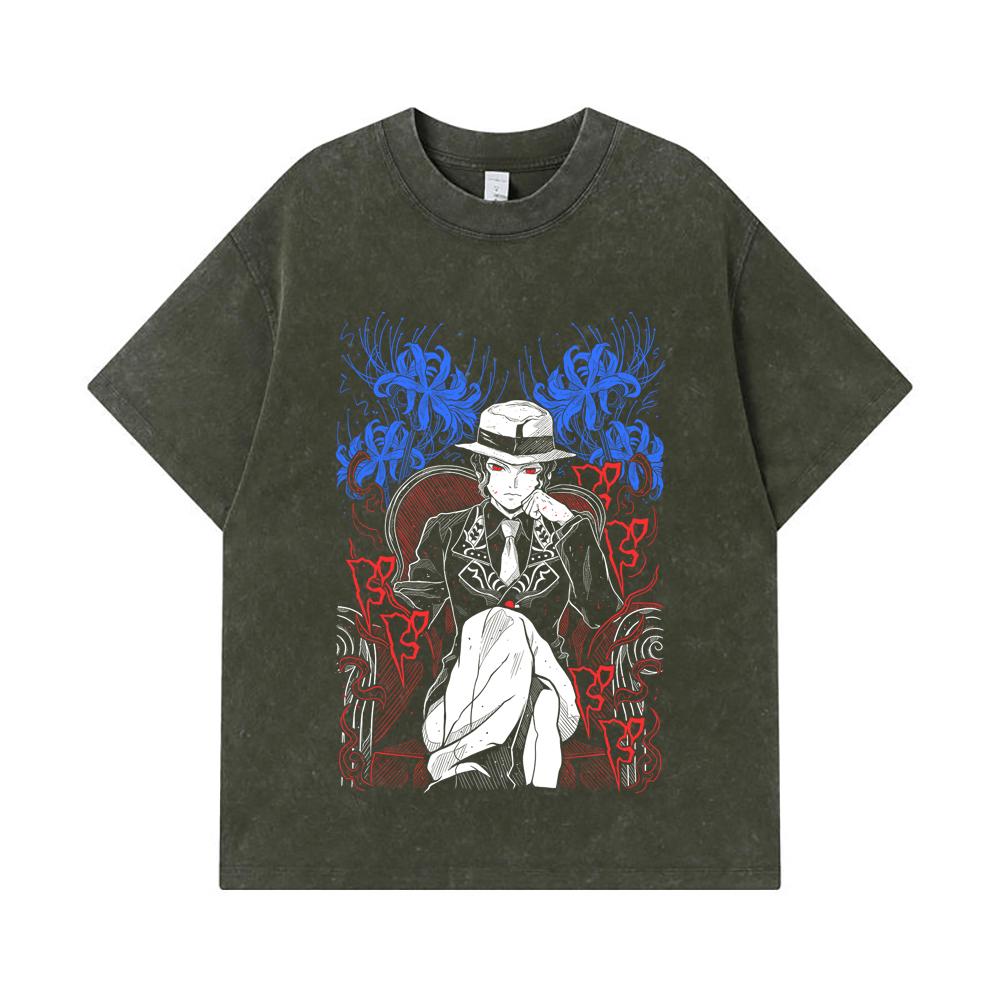 

275 GSM Washed T-shirts 100% Cotton Demon Slayer V38 Muzan Print Unisex Heavy Cotton T Shirt S армия зеленый