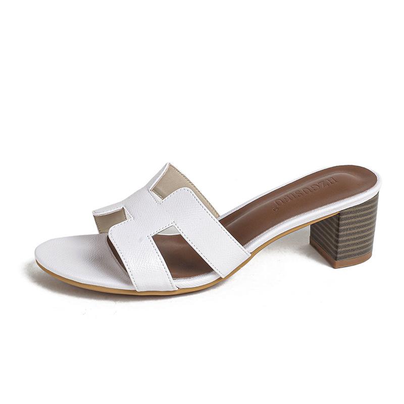 

Шлепанцы на высоком каблуке женские сандалии на толстом каблуке носить 2025 новые сандалии на каждый день 5 см универсальные шлепанцы с рисунком ладони 41 белый