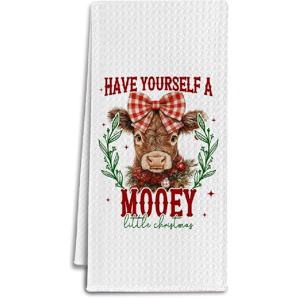 Highland Cow Red Plaid Bow Christmas Kitchen Towels, Highland Cow Gifts Dish Tea Towels for Kitchen, Holiday Christmas Heifer Decorative Hand Towel Casual