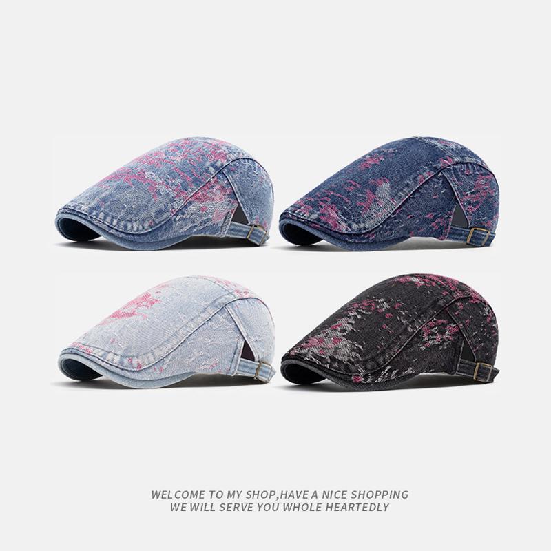 Denim Beret Women's Retro British Peaked Cap Men Print Forward Cap
