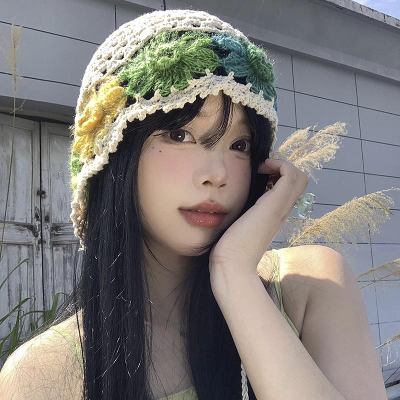 Spring and Summer Literary Colorful Flowers Hollowed Out Hat for Women Japanese Sweet and Cute Fashion Handmade Wool Knit Hat