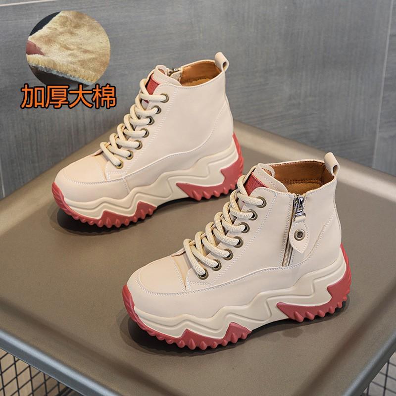 Autumn and winter new thick-soled cm height-increasing casual women's cotton shoes trendy short boots lace-up zipper high-top women's shoes