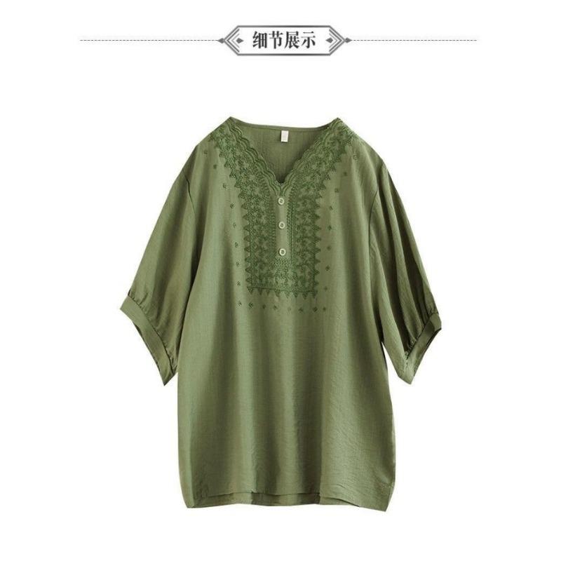Women Scalloped V Neck Hollow Embroidery Puff Half Sleeve Loose Linen Blouse