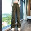 Women's Black Fleece-Lined High Waist Cargo Pants - Autumn/Winter, Slim-Fit, Straight-Wide Leg