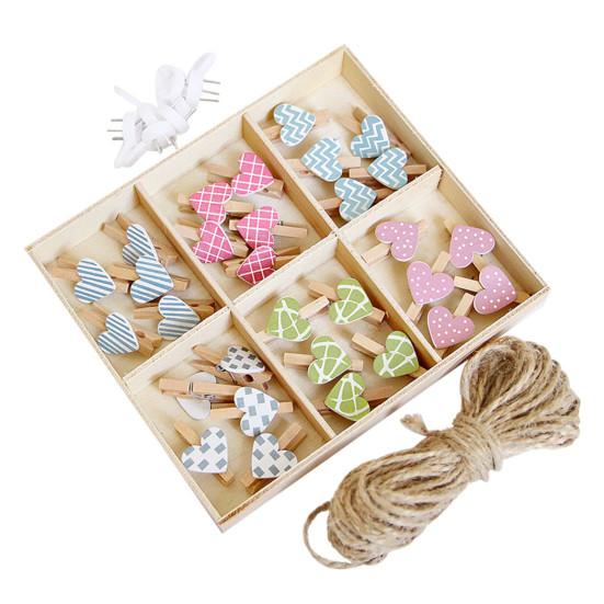 1 Box Wooden Portable Wood Clips Colorful Cartoon Heart-shaped Wall Photo Clips Household Supplies