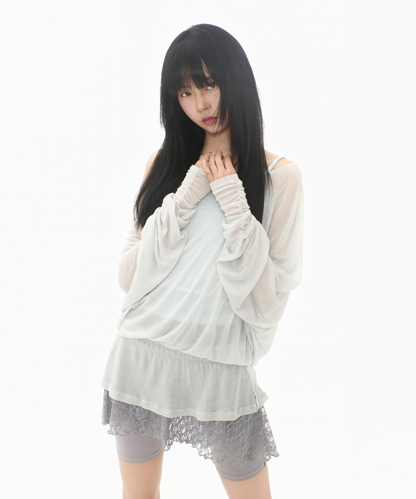 Mileko Sheer Off-Shoulder Sleeve Cloud Gray