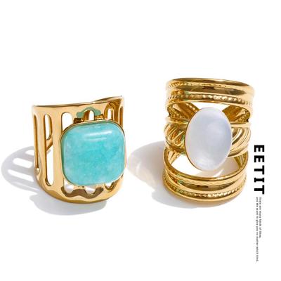 Natural Amazonite Stone Shell Wide Ring for Women 18K Golden Plated Stainless Steel Geometric Finger Jewelry Gift