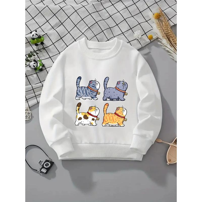 Kids Crewneck Sweatshirt, Adorable Collared Cats Graphic Print,Spring Autumn Casual Sport Tops
