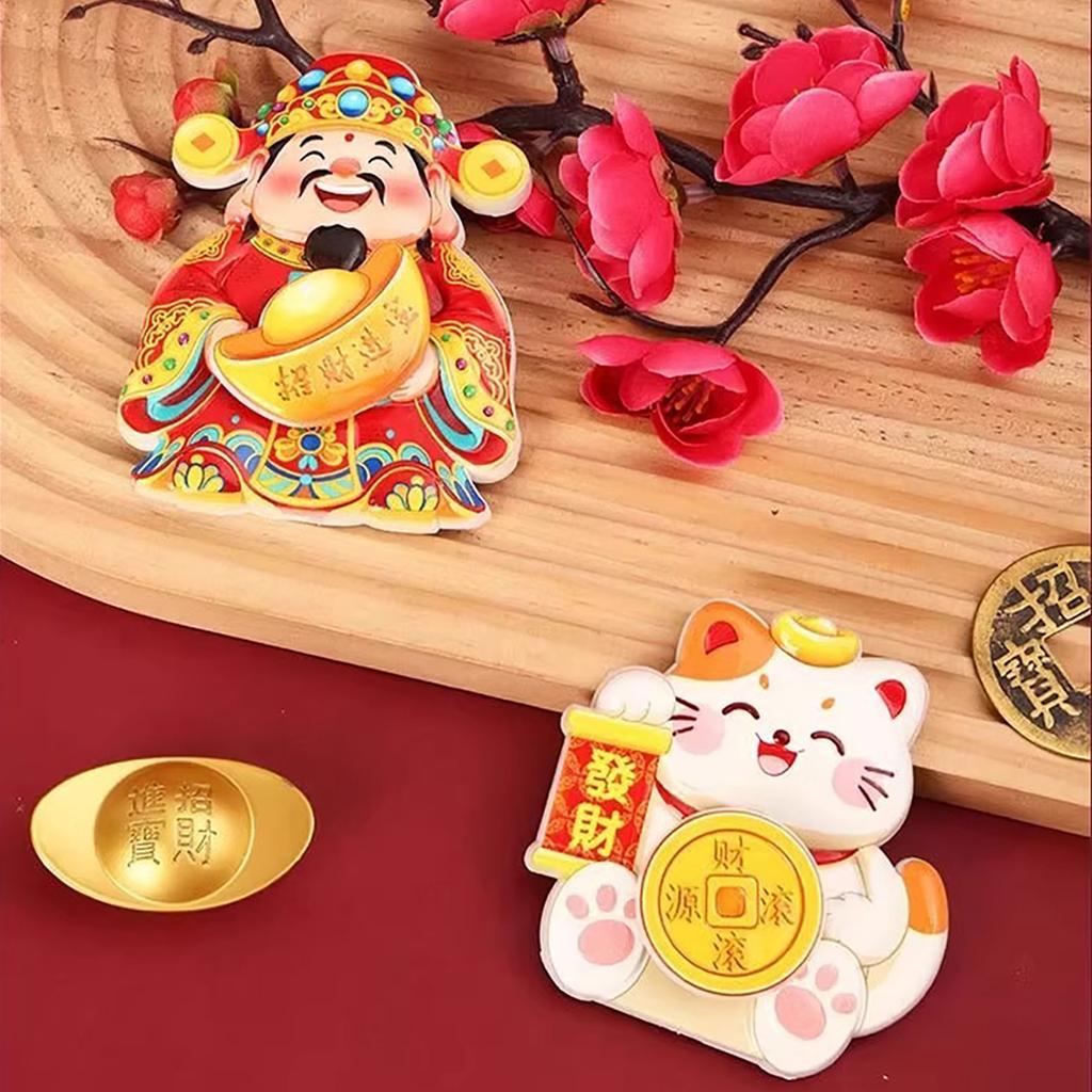 New Year Refrigerator Magnetic Sticker Rotatable Cartoon 3D God of Wealth Refrigerator Magnets Festive Lucky Cat Decoration