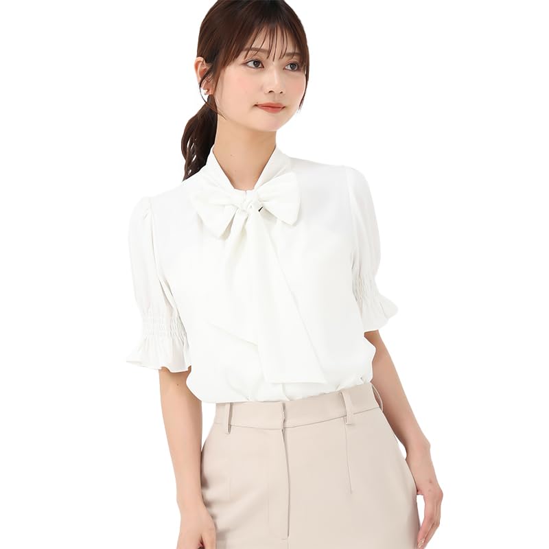 Mishmash Short Sleeve Blouse with Bow Tie and Shirred Perfect for Spring and Office White Women's Print, Casual,