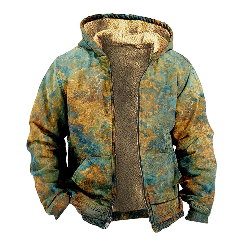 Men's Personalized Casual Printing Long Sleeve Zipper Sweater Thick Cotton Suit Winter