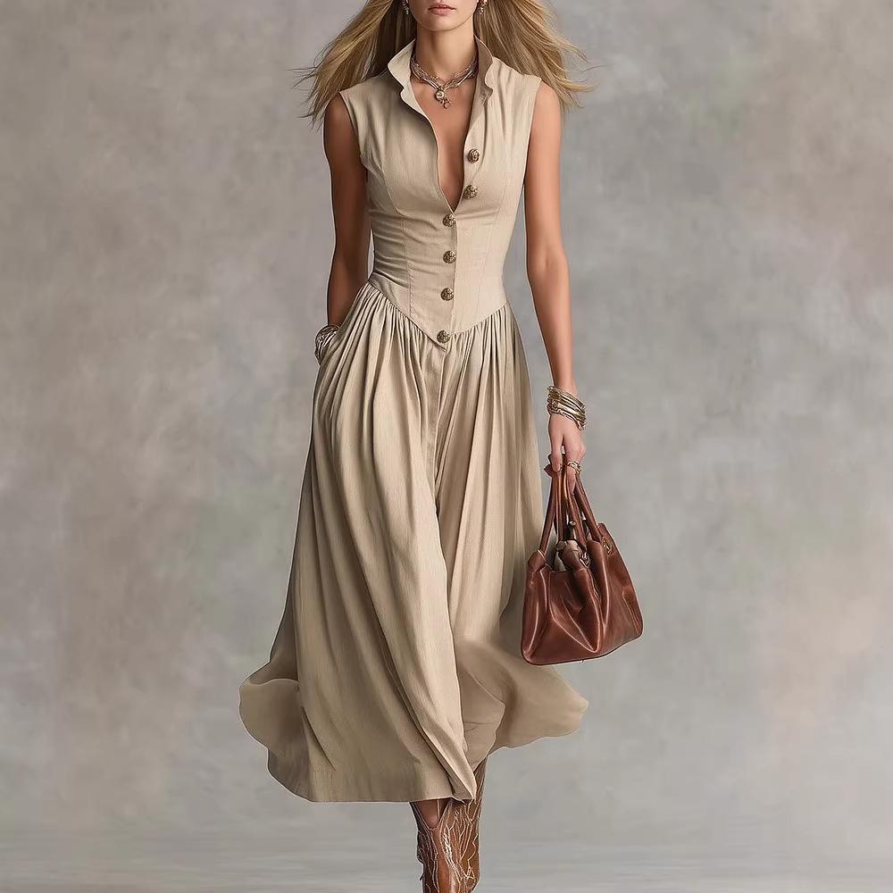 Spring 2026 French Style Elegant Slimming Lapel Multi-Button Long Dress for Women