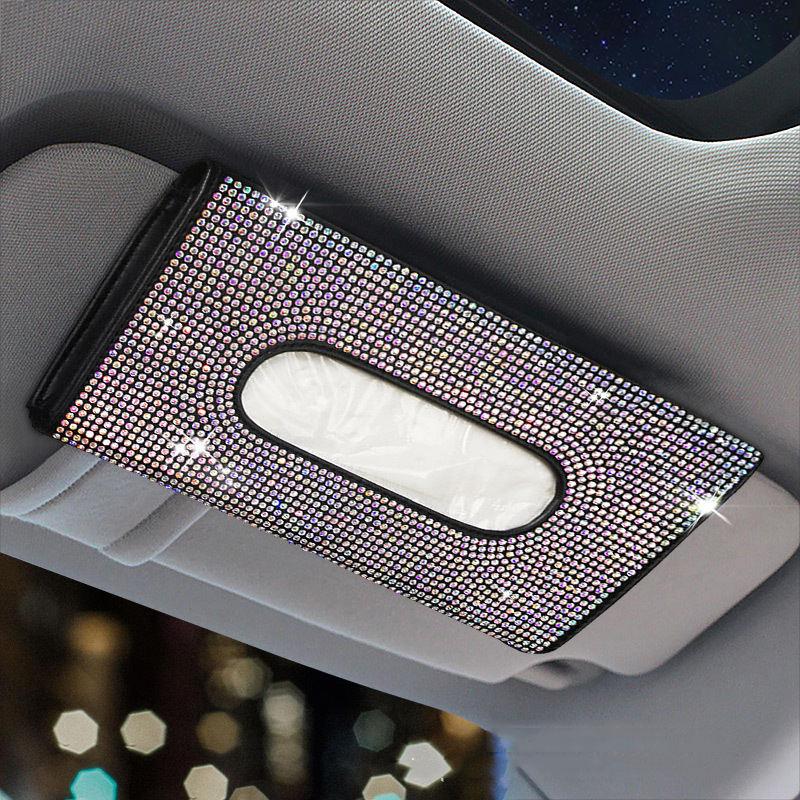 Bling Crystal Rhinestone Car Tissue Holder, Sun Visor Backseat Napkin Case, Leather Auto Tissue Storage Accessory