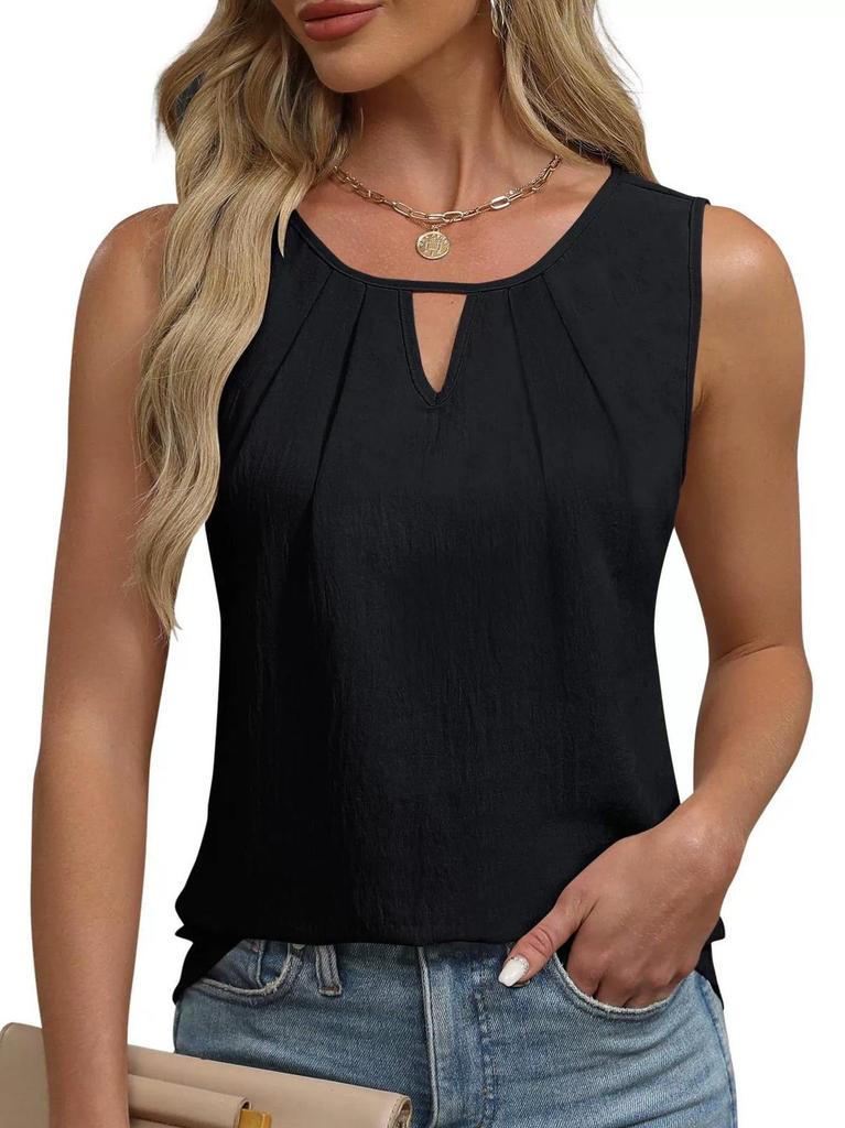 2025 Summer Women's Pleated Solid Color Sleeveless Hollow Out T-shirt Vest