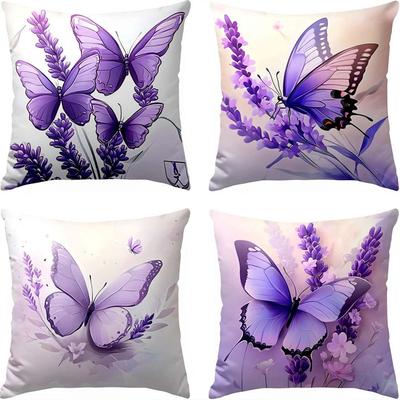 Cuscini con Farfalle Viola e Motivo Lavanda Federa quadrata in poliestere, copricuscino decorativo moderno per divano