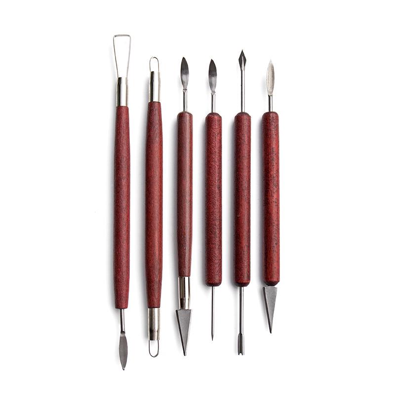 6-Piece Pottery Clay Tool Set: Double-Headed Lace and Sculpture Knives with Red Wood Handles