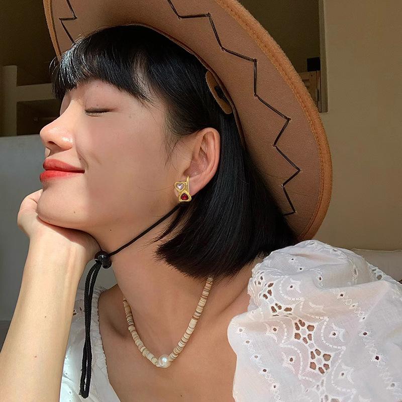 Double Love Stud Contrasting Colors Ruby Women'S Style Fashion Retro Temperament Atmospheric Light Luxury High-End