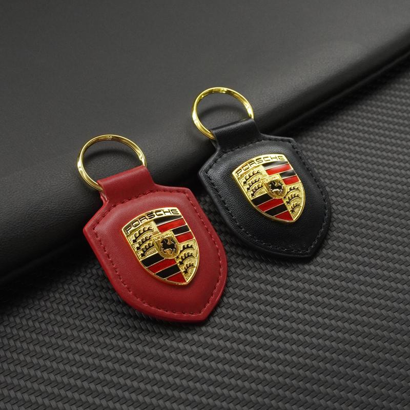 Fashion Leather Metal Keychain Car Styling Luxury Keyring For Porsche Cayenne Panamera Macan 911 Taycan Boxster Cayman 918 Pajun