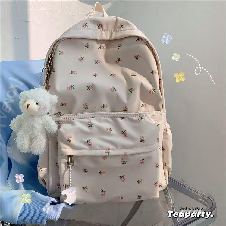 Leichter Rucksack mit Reißverschluss, floraler Print im koreanischen und japanischen Stil - Großes Fassungsvermögen für Schüler
