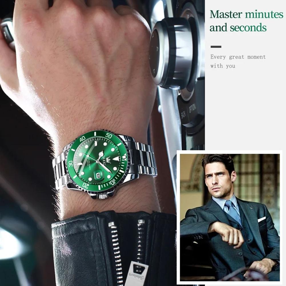 Herrenuhren Grünes Zifferblatt Wasserdicht Edelstahlarmband Kalender Quarzuhr Leuchtend Luxus Herrenarmbanduhr