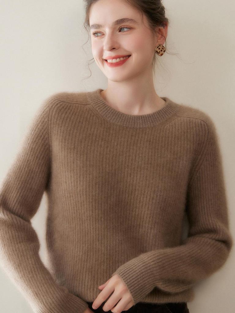 Ribbed Cashmere Round Neck Women's Short Pullover Sweater - Solid Color Loose Knit Top