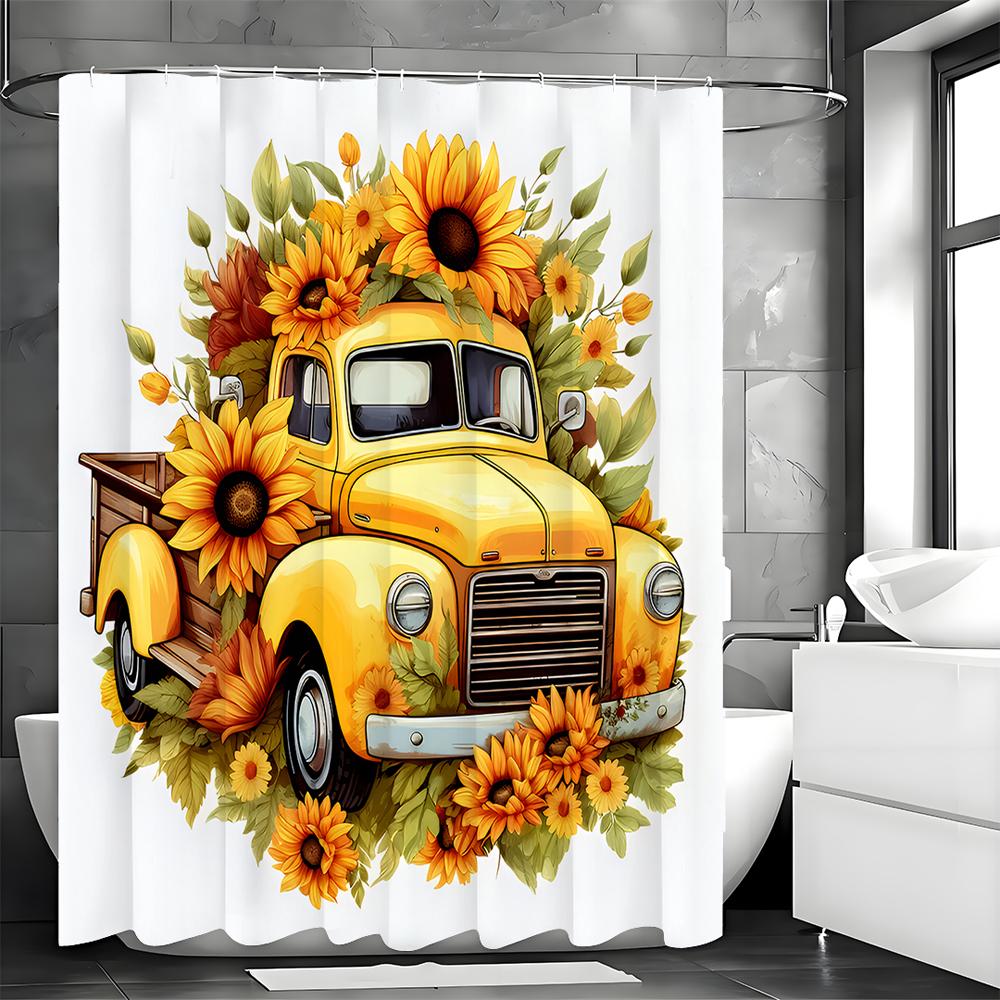 Fall Harvest Festival Sunflower Car Yellow Shower Curtain, Bathroom Decorative Shower Curtain, Waterproof Shower Curtain with Ho
