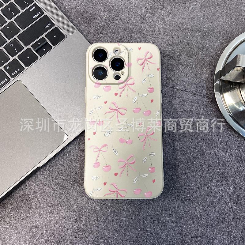 Cherry Bow Is Suitable for iPhone15 Mobile Phone Case 14PROMAX All-inclusive 13 Anti-drop 16/15 Protective Case 17.