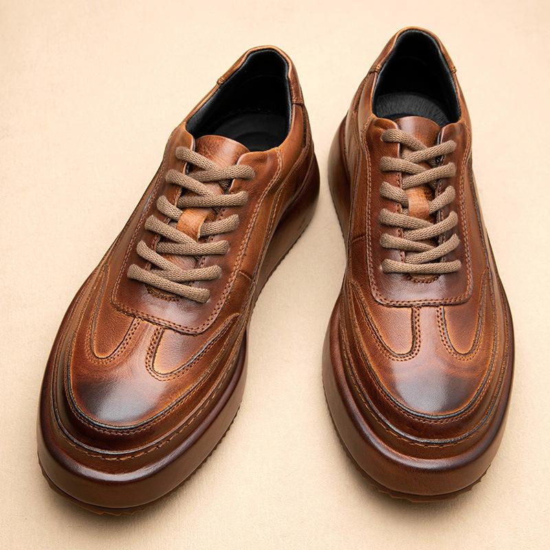 New modelBusiness Casual Leather Shoes Men'S Genuine Leather Platform British Retro Handmade First-Layer Cowhide Men'S Shoes Increase Height