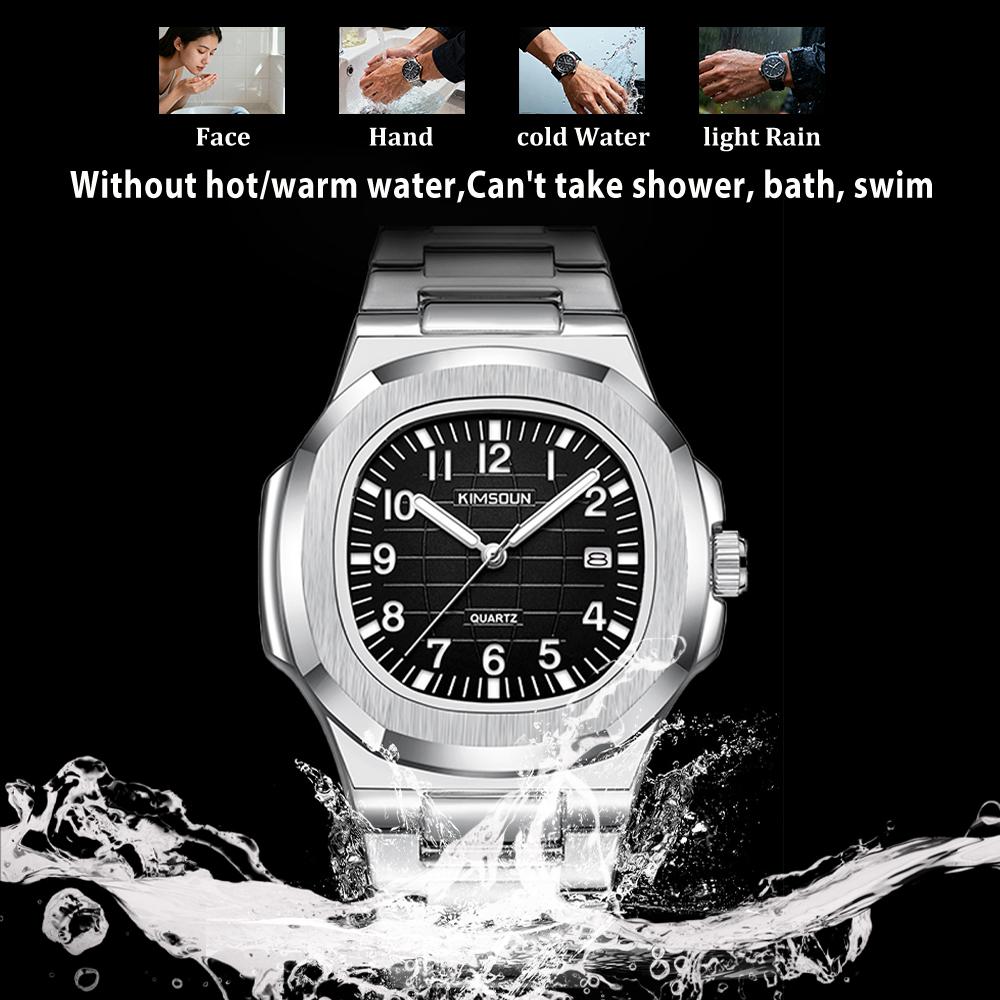 Men's Luxury Nautilus Style Watch Stainless Steel Case Analog Quartz Watch with Luminous Hands Push Button Clasp Casual Watch