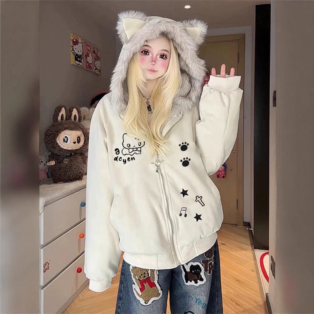 American Retro Cute Plush Ears Fur Collar Cotton Clothes Women's Autumn and Winter Loose Thickened Warm Hooded Cotton Coat