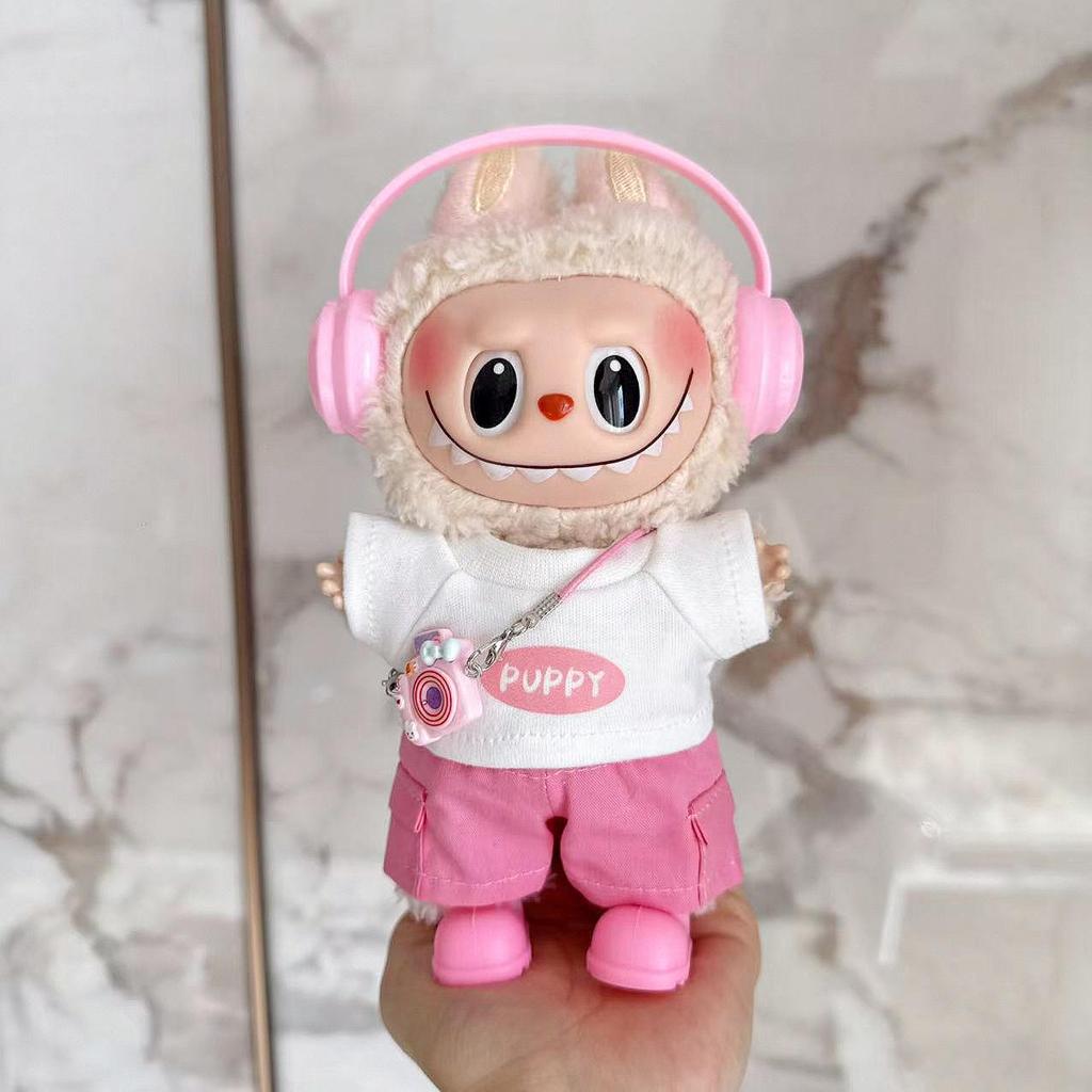 Vestiti per Bambola Labubu di Prima, Seconda, Terza Generazione 17cm con Cuffie, Occhiali, Set Sportivo da Tennis Rosa