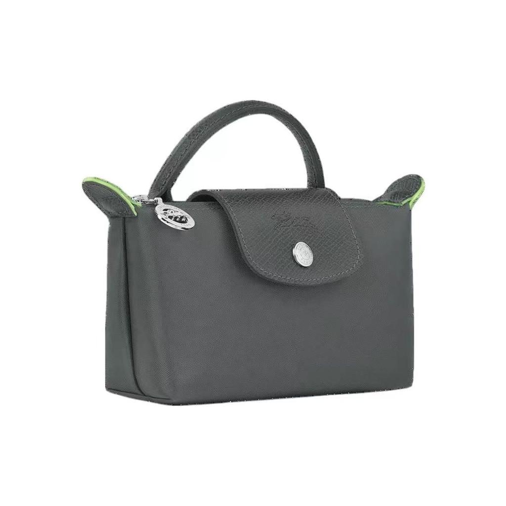 Longchamp Le Pliage Green 17 Solid Color Short Handle Zipper Snap Leather Trim Makeup Bag Tote Women bags Graphite-Gray 34175919P66
