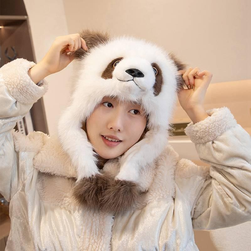 He Qizai Hua Panda Plüschmütze Eltern-Kind-Dekoration Wärme Niedlich Ohrenschützer