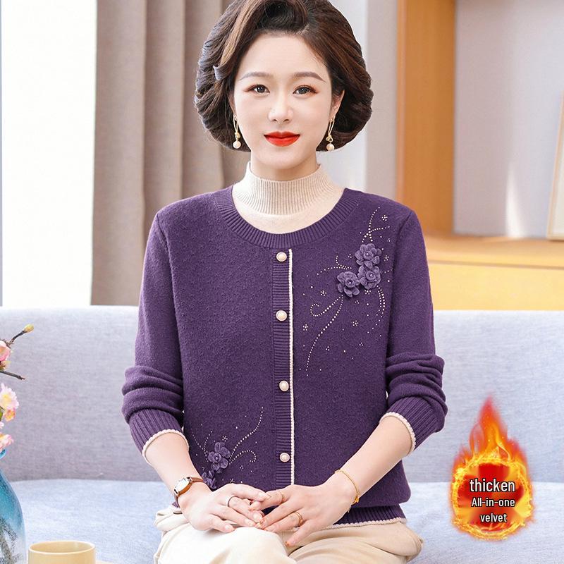 

Mom s Style Knitwear: Women s Faux Two-Piece Sweater with Velvet for Middle-Aged & Elderly, Perfect for Autumn/Winter Layering 2XL (Recommended for 120-135 jin)