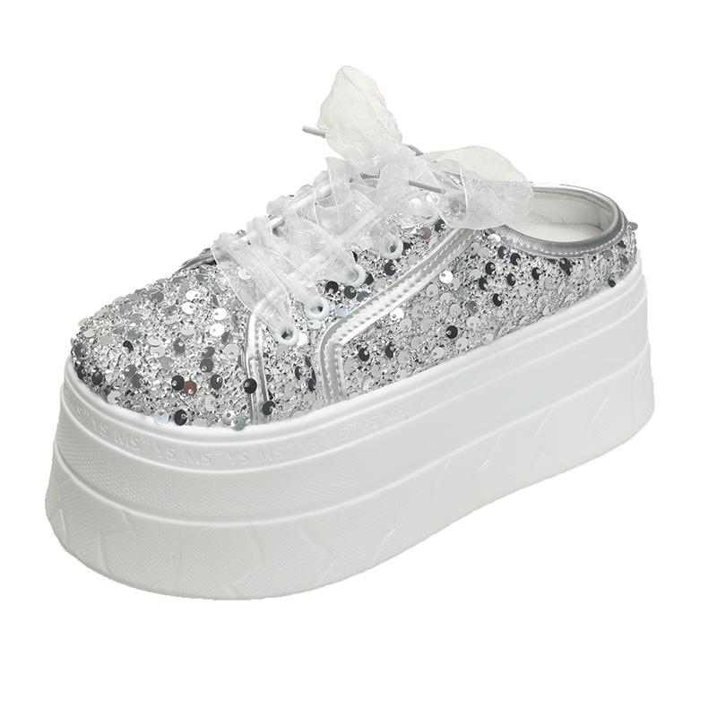 High Quality 7.5cm Bling Sequins Air Mesh Genuine Leather Half Slippers for Women Platform Casual Flat Shoes Outdoors Slipper