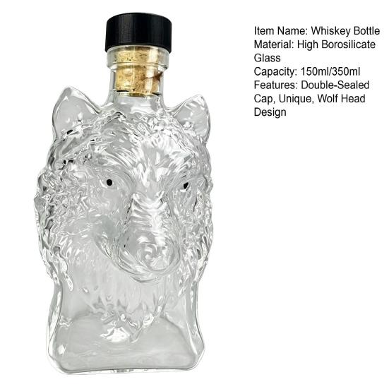 Wolfskopf Whiskey-Karaffe, 3D-Glas-Wolf-Spirituosenflasche mit Stopfen, Handgeblasener Tier-Weinspender für die Hausbar, Geschenkbox