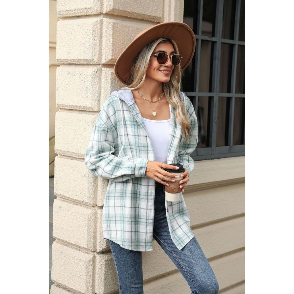 Fall Winter Women's Plaid Color Block Hooded Long Sleeve Loose Wool Coat