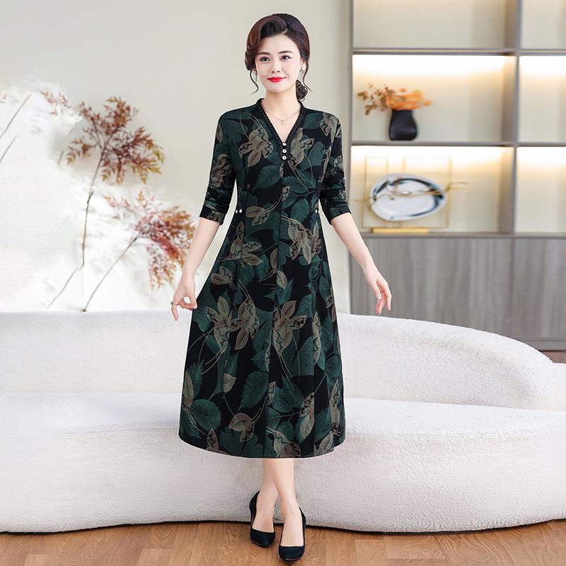 

2025 Autumn/Winter Plus Size Slimming Mother Dress - Waist-Cinching, Tummy-Hiding Skirt for Middle-Aged & Elderly 2XL (52-60kg) темно-зеленого