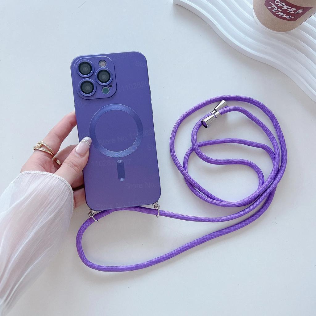 Fashion Magnetic Phone Case for IPhone 17 16 15 14 Plus 13 12 Pro Max with Crossbody Strap Shockproof Matte Lanyard Rope Cover