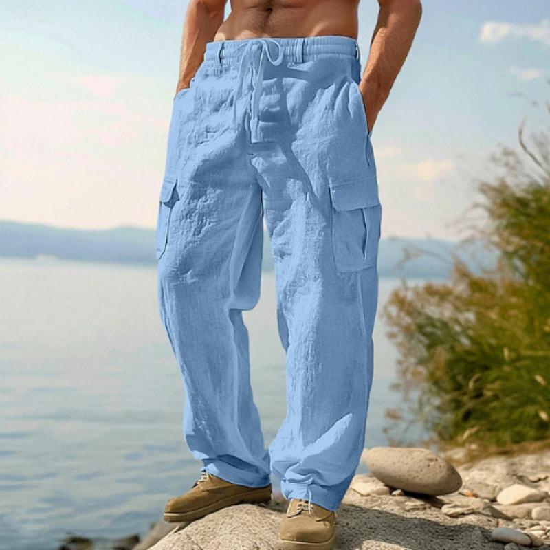 Amazon's new men's cotton and linen four-season thin breathable tooling multi-pocket loose casual trend wide-leg pants