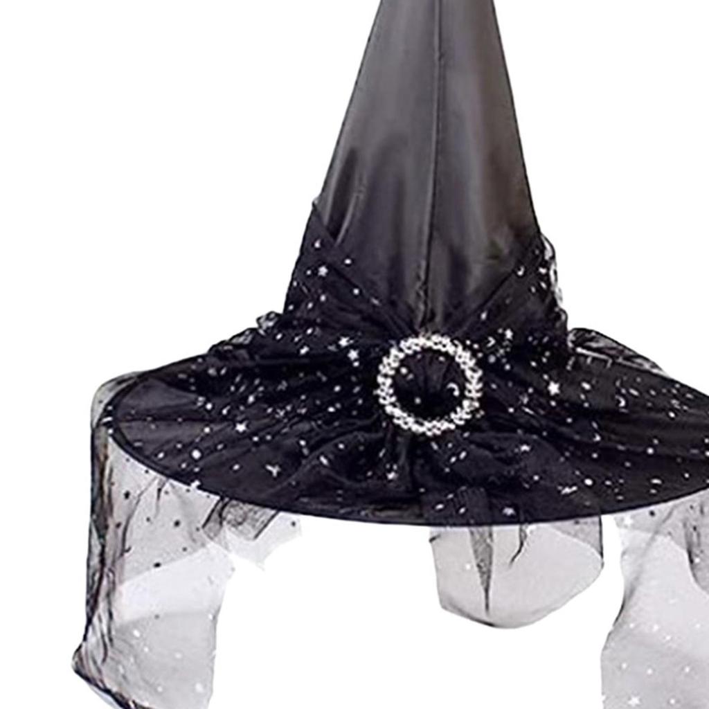 Halloween Witch Hat Pointed Adult Fancy Dress Oxford Cloth Modern Witches with Gauze Wizard
